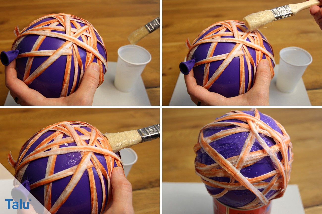 Luftballon mit Naturfaserband mit Tapetenkleister einstreichen