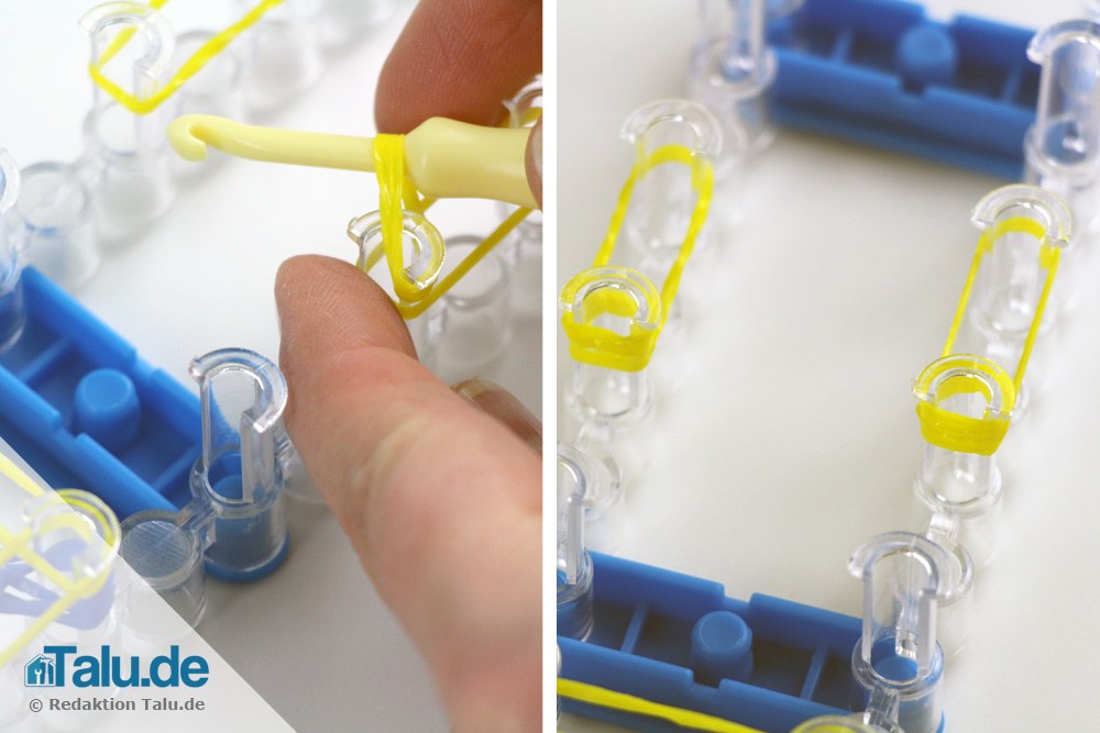 Gelbes Loom Band auf Stift geben