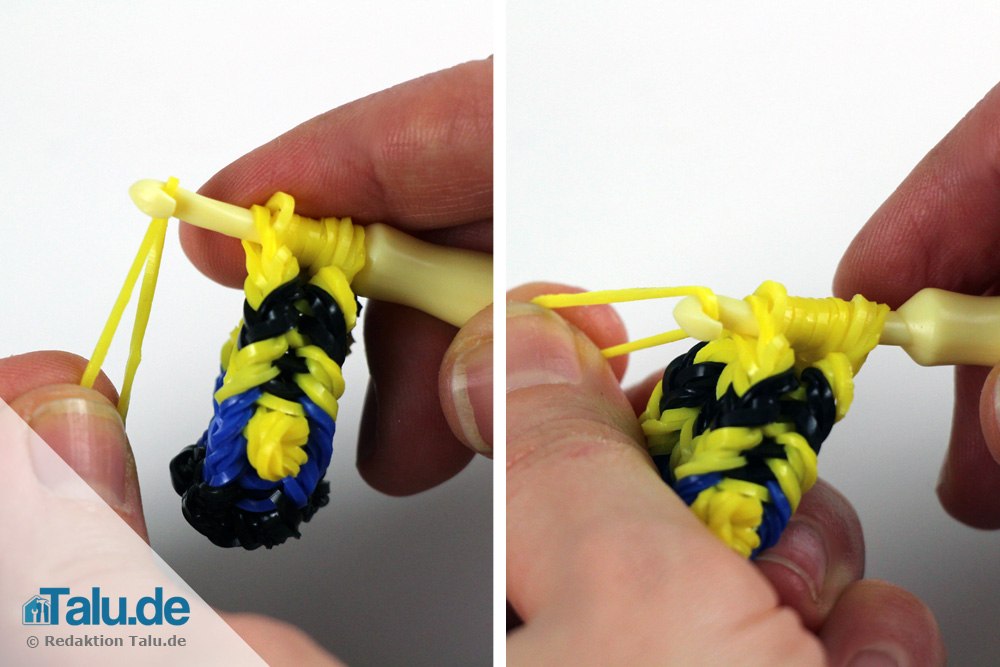 Gelbe Gummibänder mit einem gelben Loom verbinden