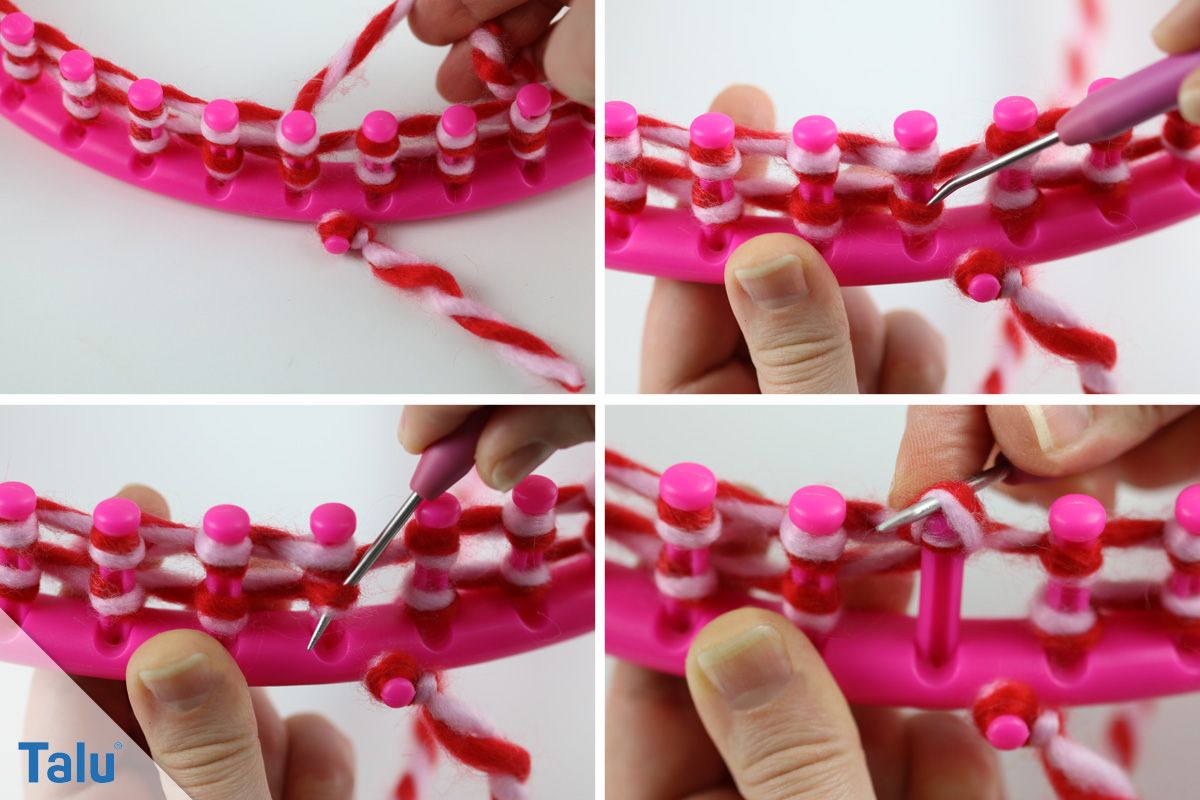 Jetzt beginnt das Abstricken auf dem Strickring