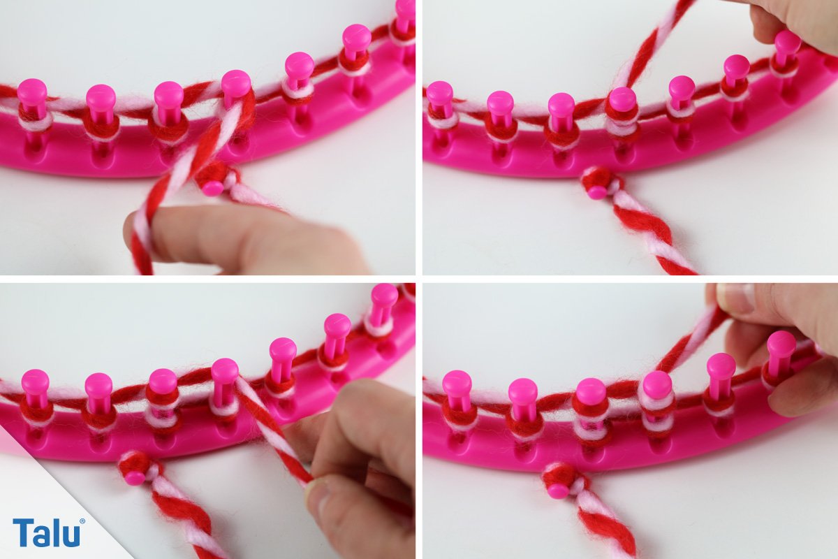 Den Faden in einer zweiten Runde auf den Strickrahmen wickeln