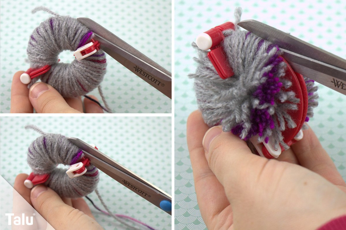 gewickelten Pompom mit der Schere aufschneiden