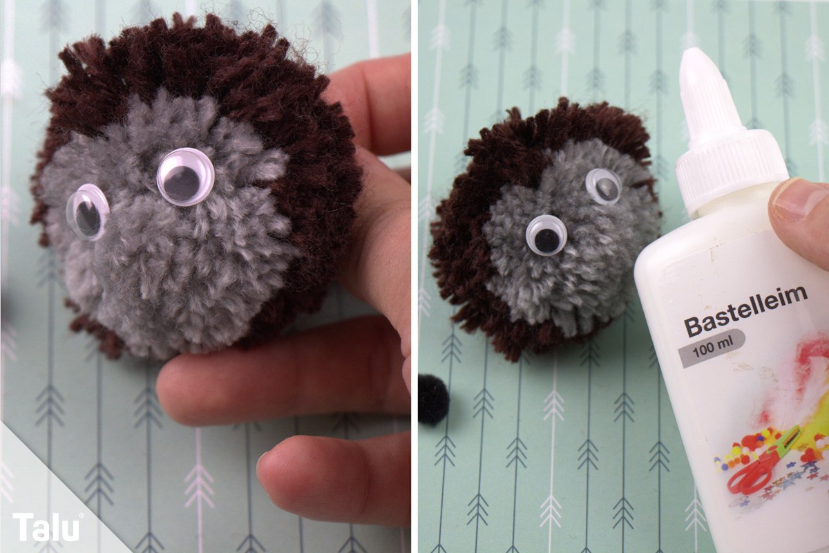 Pompom-Igel mit Augen und Nase verzieren