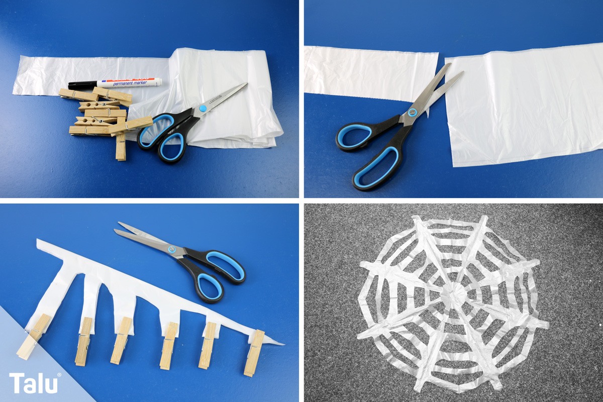 Spinnennetz aus einem Müllbeutel basteln