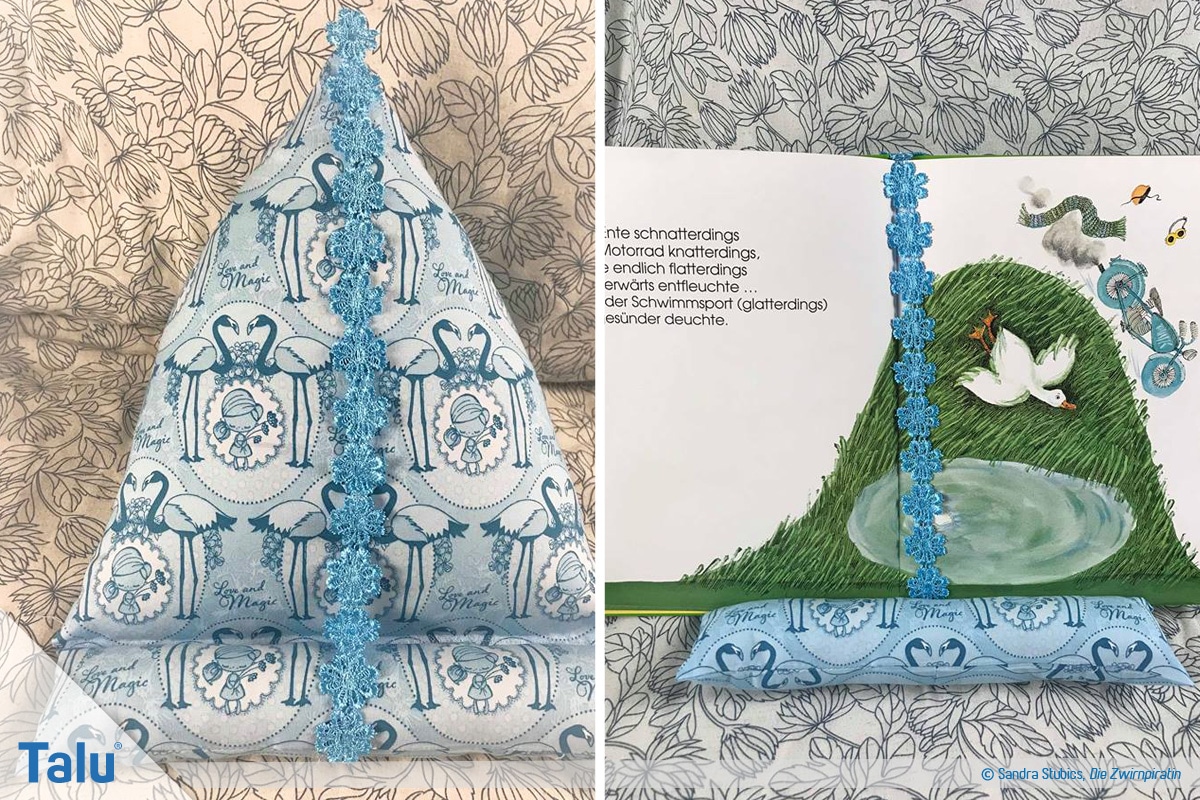 Lesekissen nähen, genähtes Buchkissen, fertiges Lesekissen