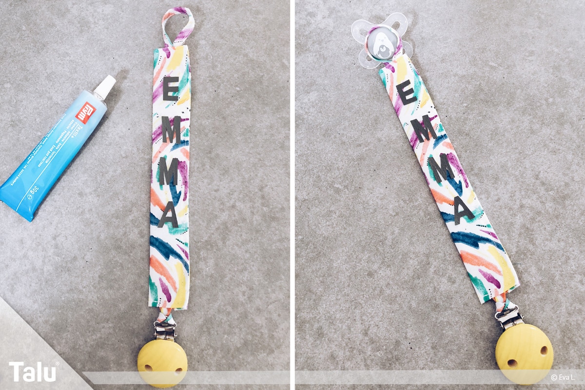Schnullerkette mit Namen nähen, fertig genähte Schnullerkette
