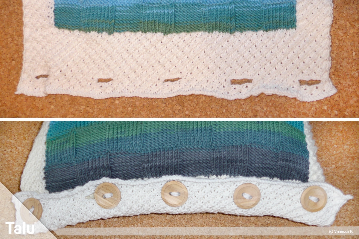 Kissenhülle stricken, fertige Knopflöcher