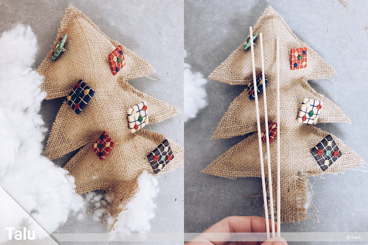 Tannenbaum nähen Variante 2, Holzstäbchen anbringen