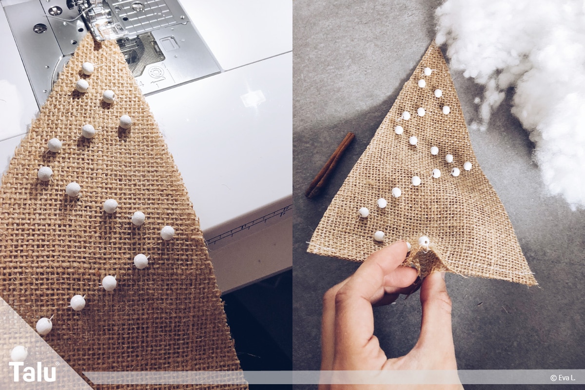 Tannenbaum nähen Variante 1, beide Jute-Stoffteile mit Nähmaschine zusammennähen