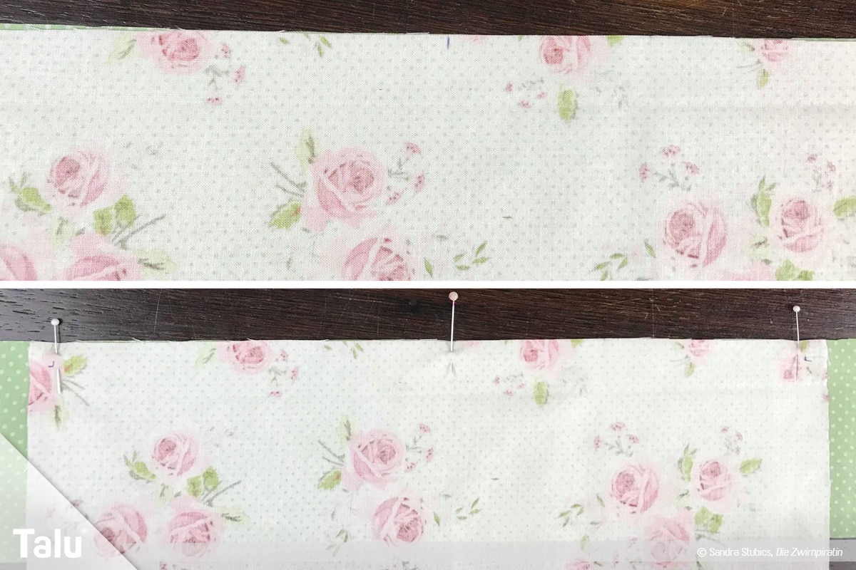 Tischdecke nähen mit Rand, Stoffe mit Stecknadeln befestigen