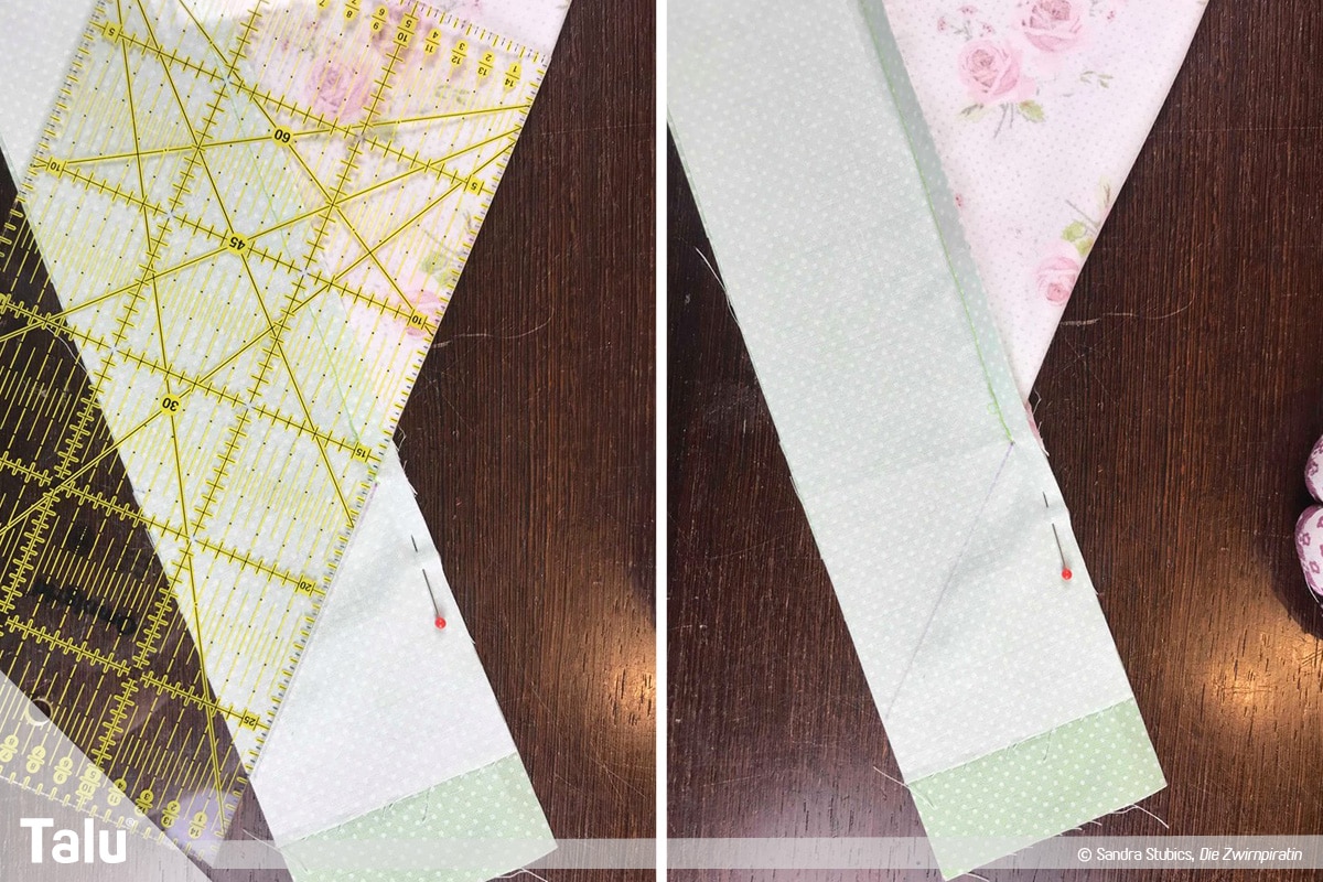 Tischdecke nähen mit Rand, mit Lineal Diagonale anzeichnen