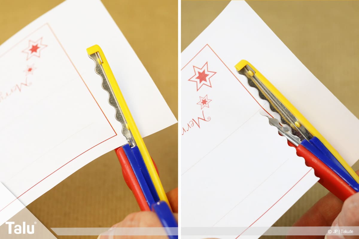 Tischkarten für Weihnachten ausdrucken und beschriften, Vorlagen mit Zackenschere ausschneiden
