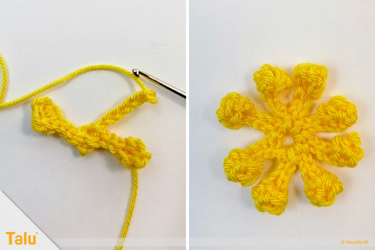 Weihnachtsstern häkeln, fertig gehäkelte gelbe Blüten