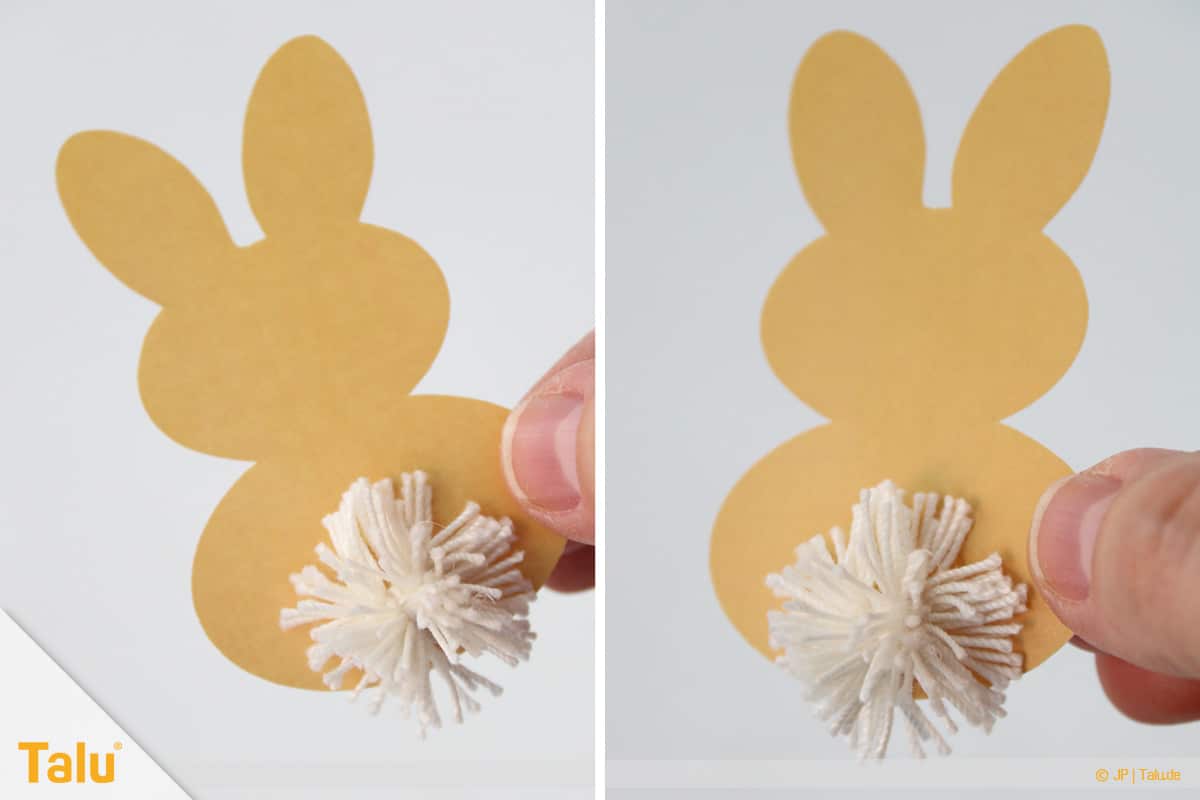 Oster basteln, Osterhasen-Girlande, Mini-Pompon an Hasen kleben