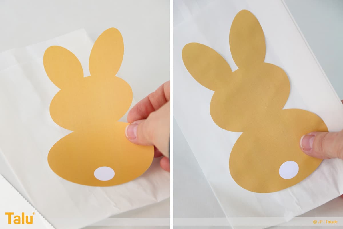 Oster basteln, Geschenktasche aus Butterbrottüte, Osterhase auf Tüte aufkleben