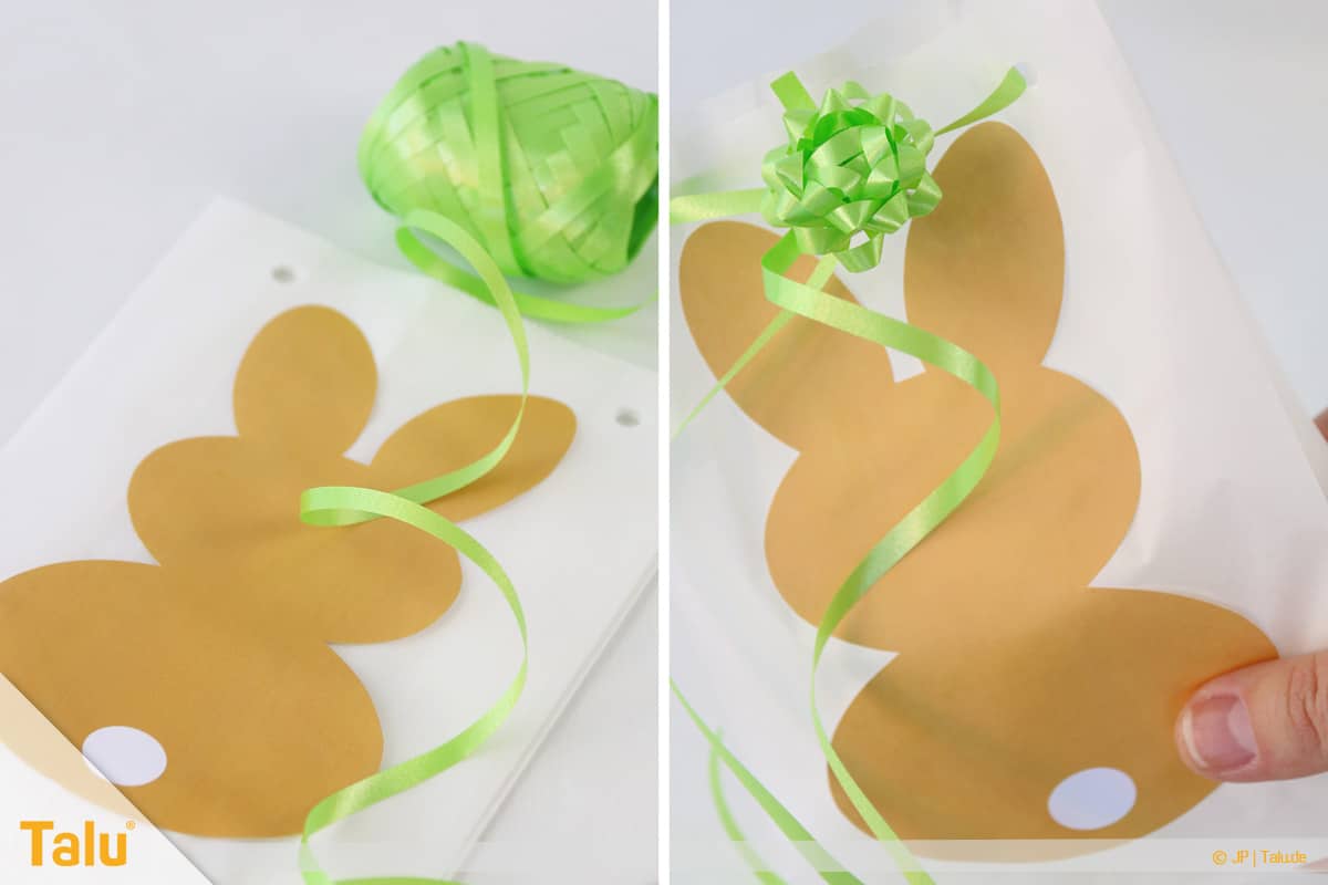 Oster basteln, Geschenktasche aus Butterbrottüte, Geschenkband und Schleife anbringen