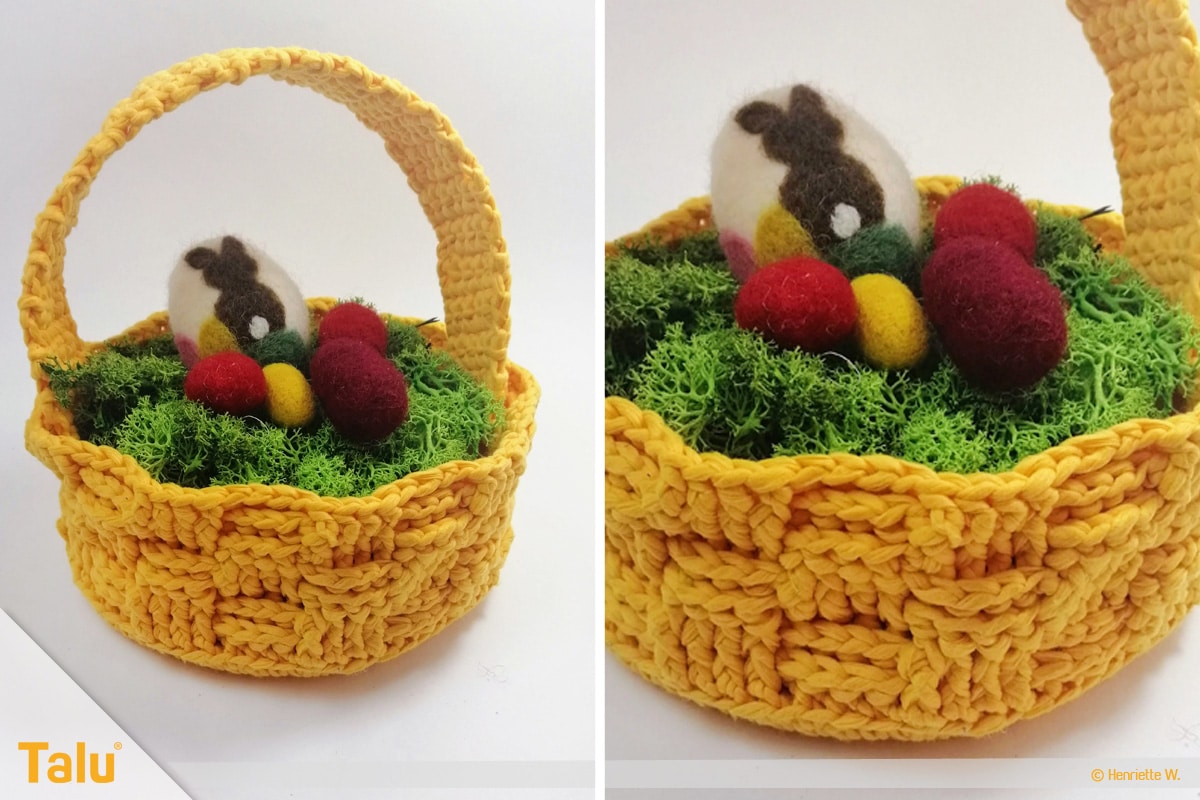 Osterkörbchen häkeln, Korb einfarbig, fertiges Osterkörbchen mit Flechtmuster