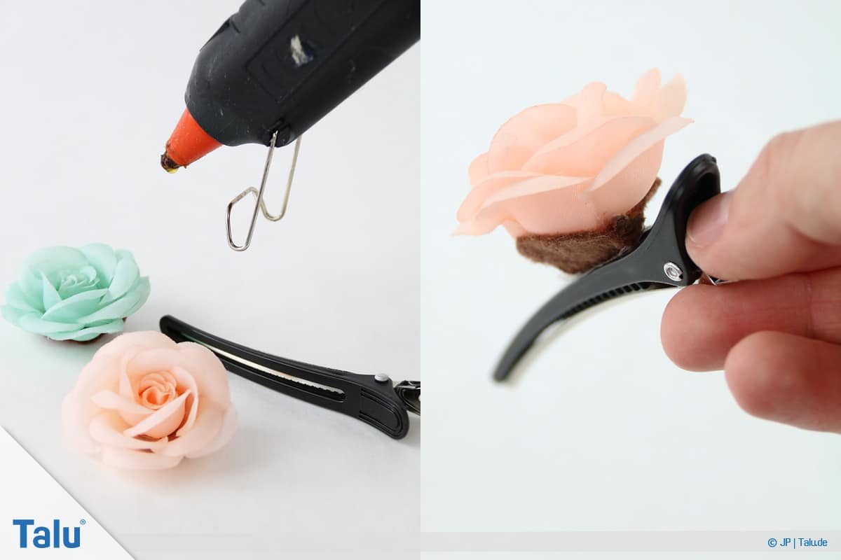 Haarspangen selber machen, Blüten-Spange, Kunstblüten ankleben