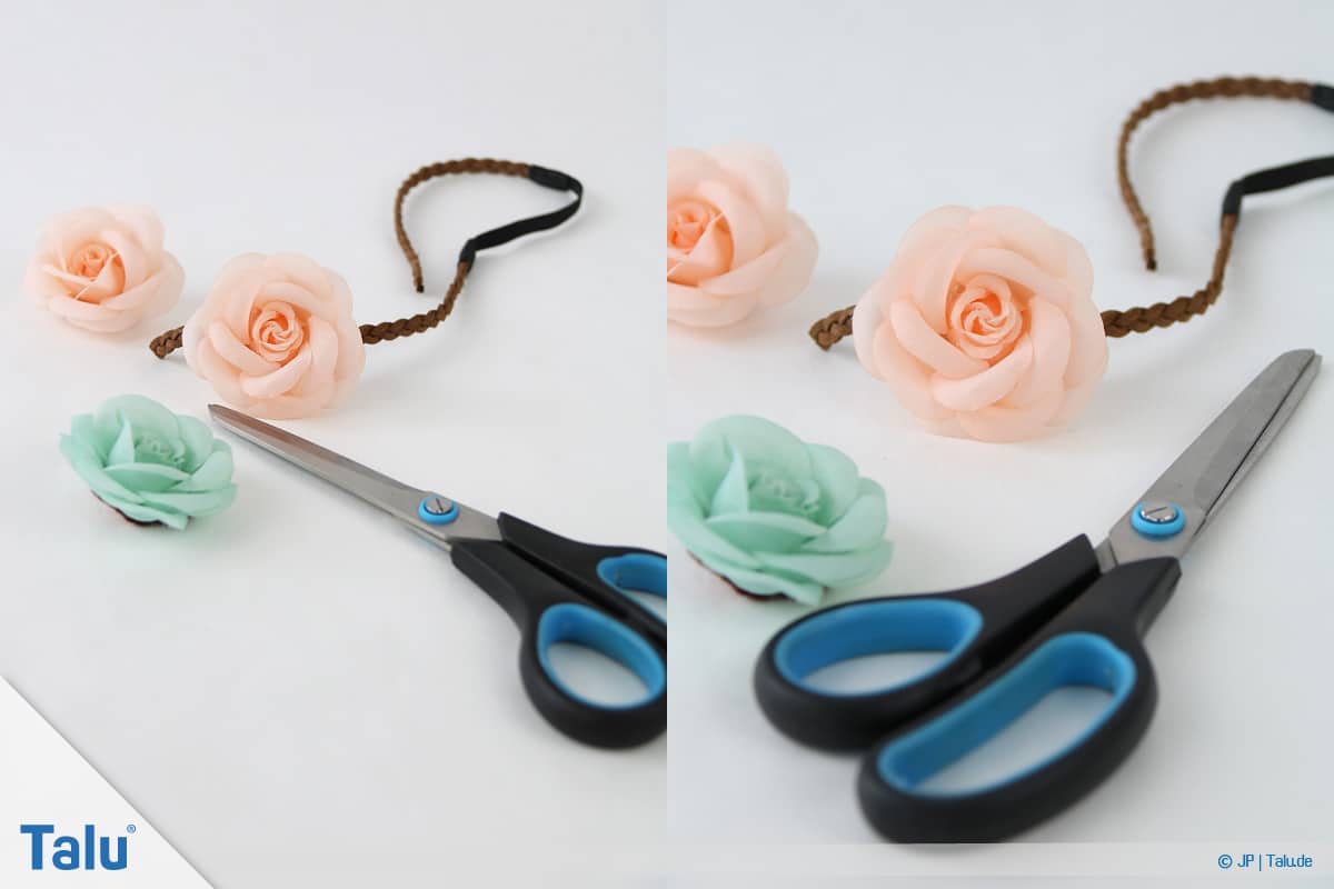 Haarspangen selber machen, Blüten-Spange, abgeschnittene Kunstblumen