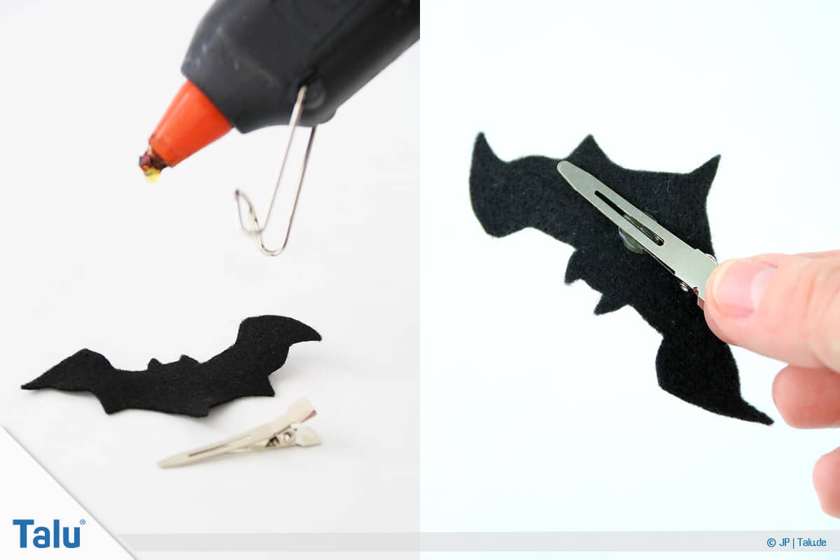 Haarspangen selber machen, Fledermaus-Spange, Fledermaus-Form auf Spange aufkleben