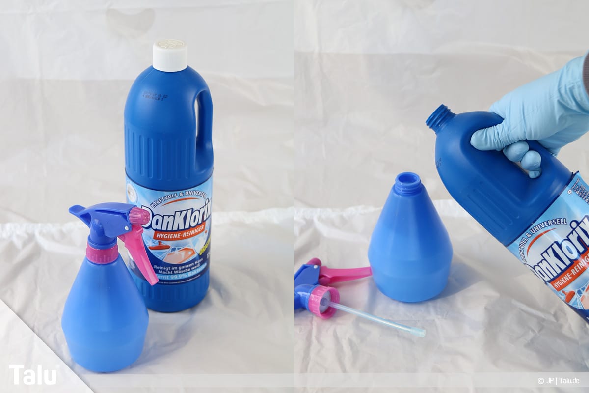 T-Shirt selbst bedrucken, mit Bleichmittel, Bleichmittel in Sprühflasche umfüllen