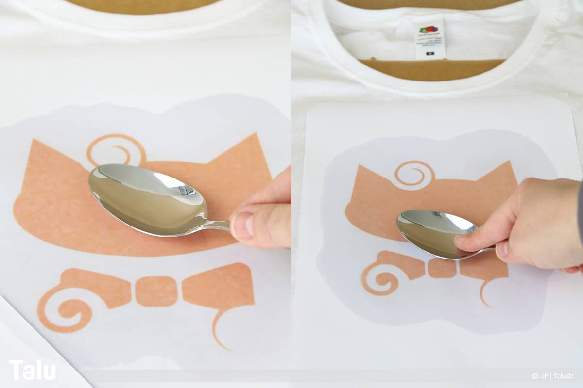 T-Shirt selbst bedrucken, mit Lavendelöl, Druckfarbe mit Löffelrücken einarbeiten