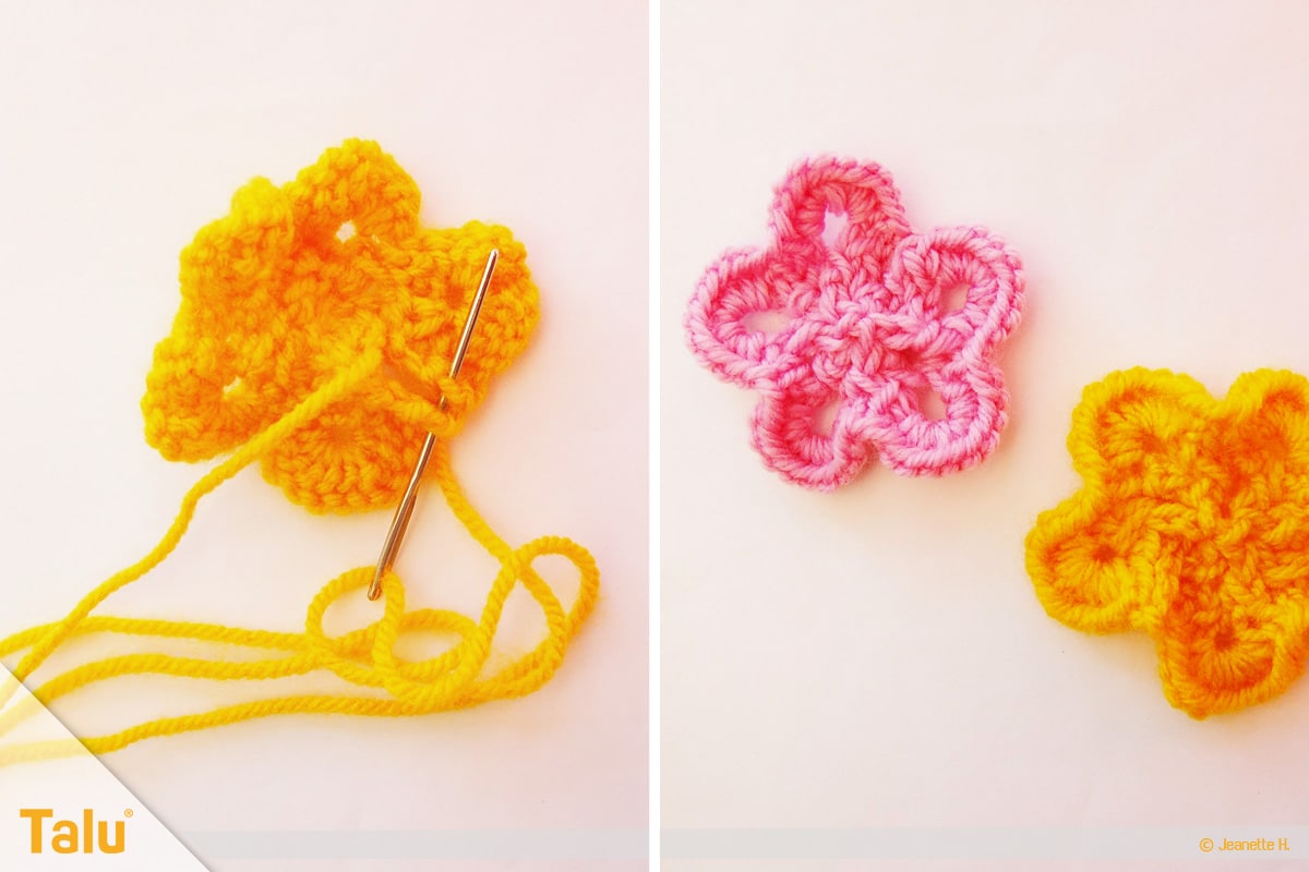 Wollreste verstricken, Blume stricken, Blume fertigstellen