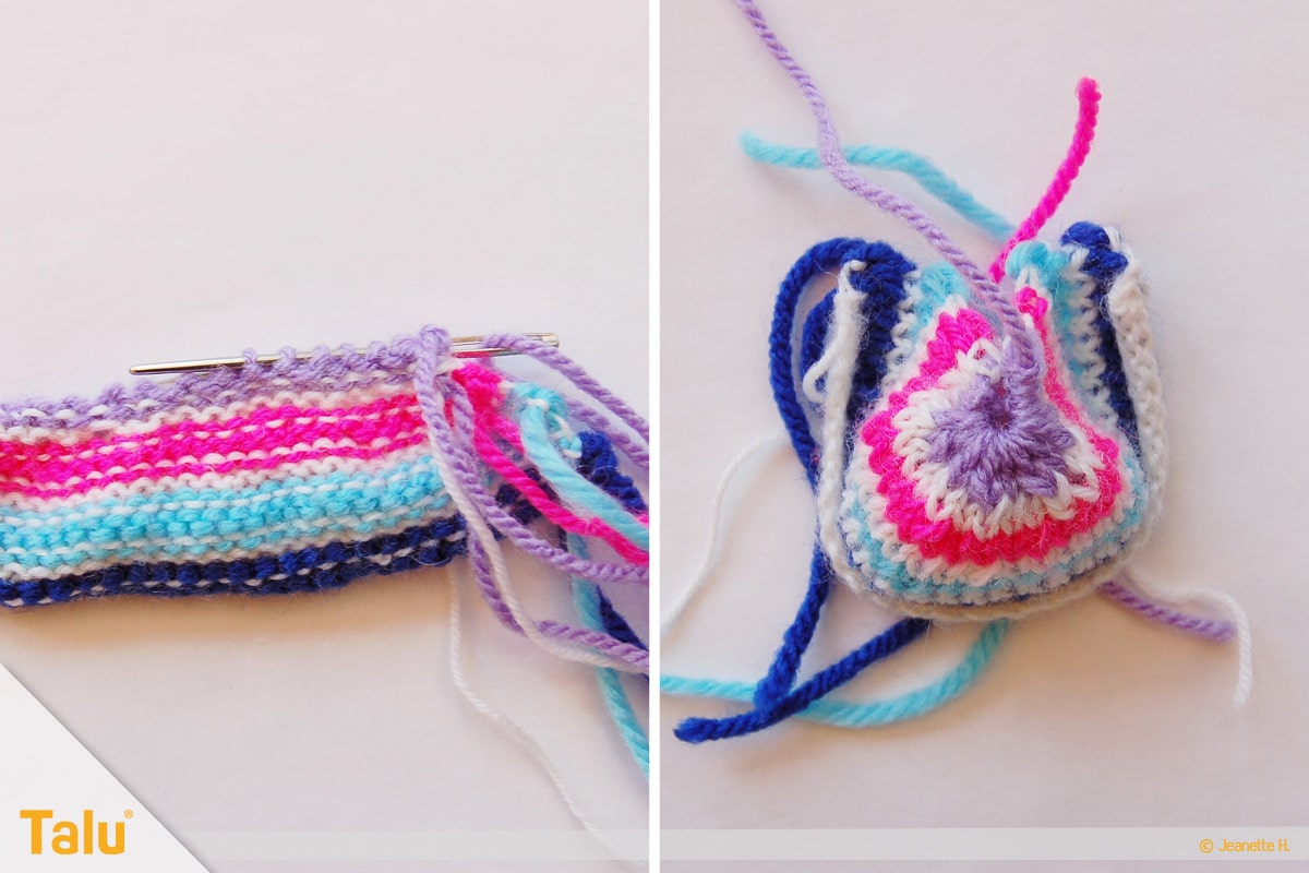 Wollreste verstricken, Mützchen stricken, Strickarbeit zusammenziehen