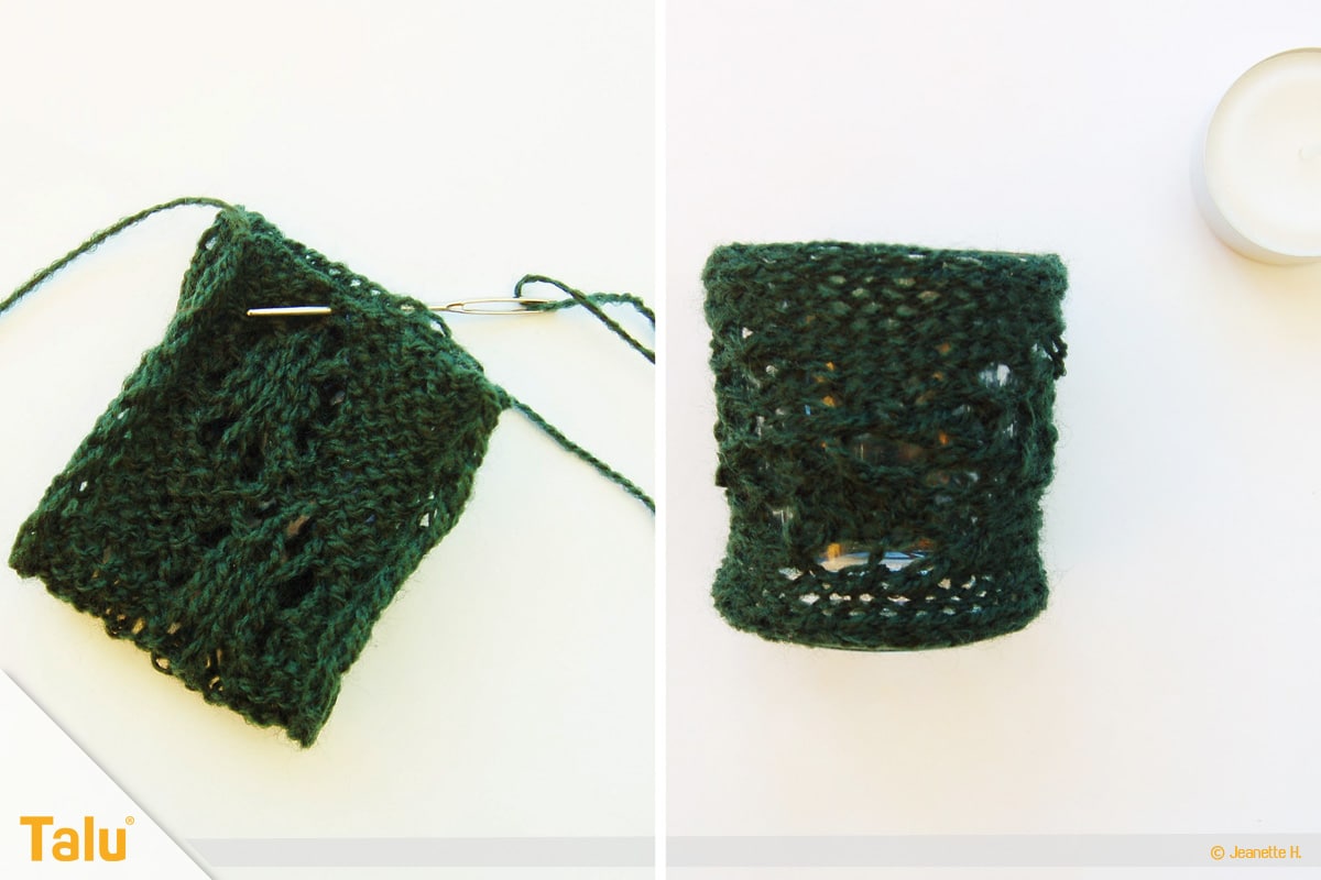 Wollreste verstricken, Teelicht-Hülle stricken, Strickarbeit zusammennähen