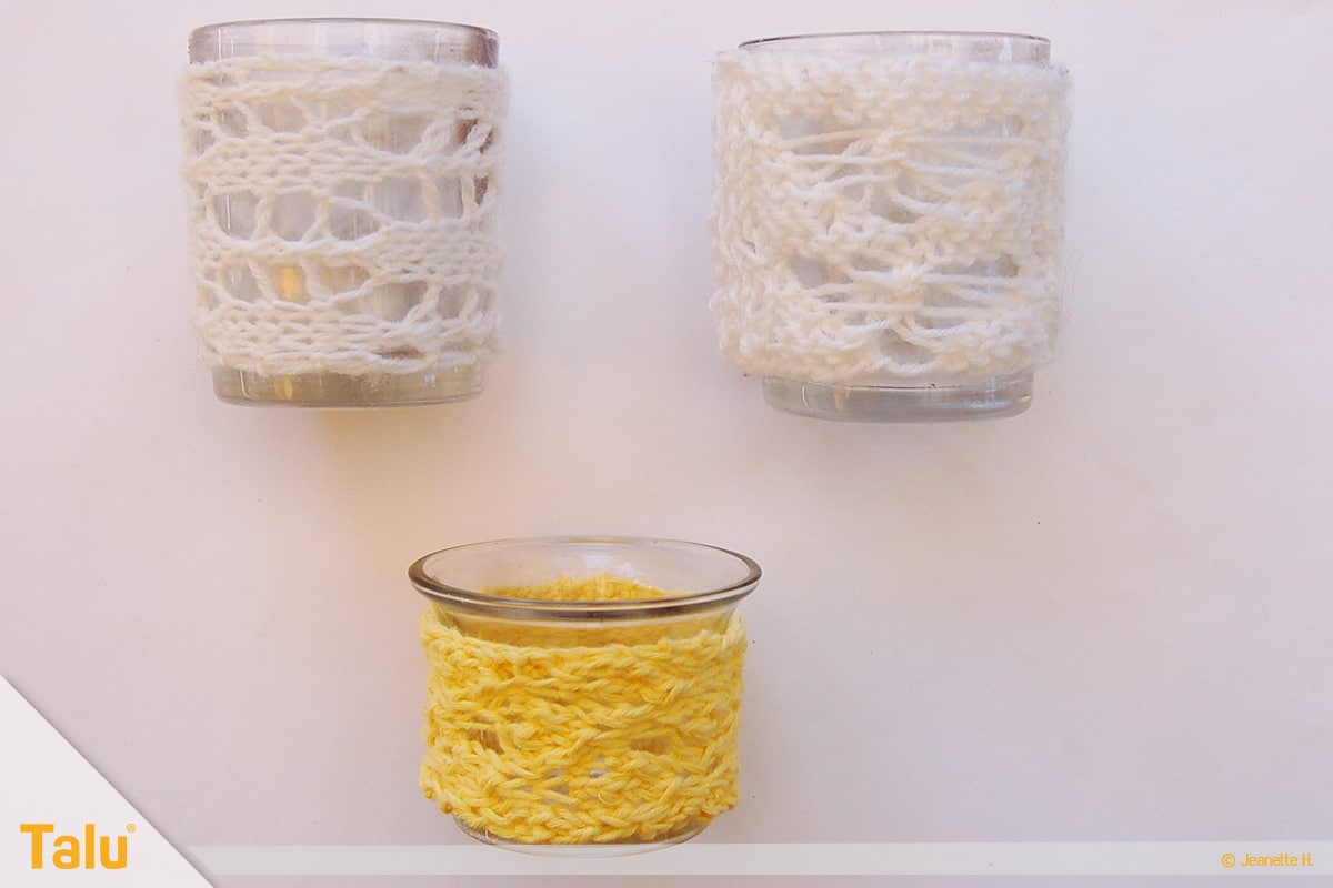 Wollreste verstricken, Teelicht-Hülle stricken, Variationen