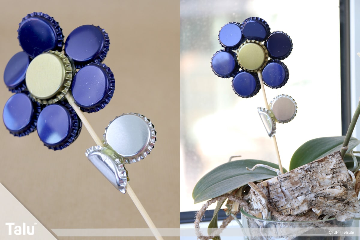 Basteln mit Kronkorken, Variante Blume, Bierkronen-Blume als Pflanzendeko