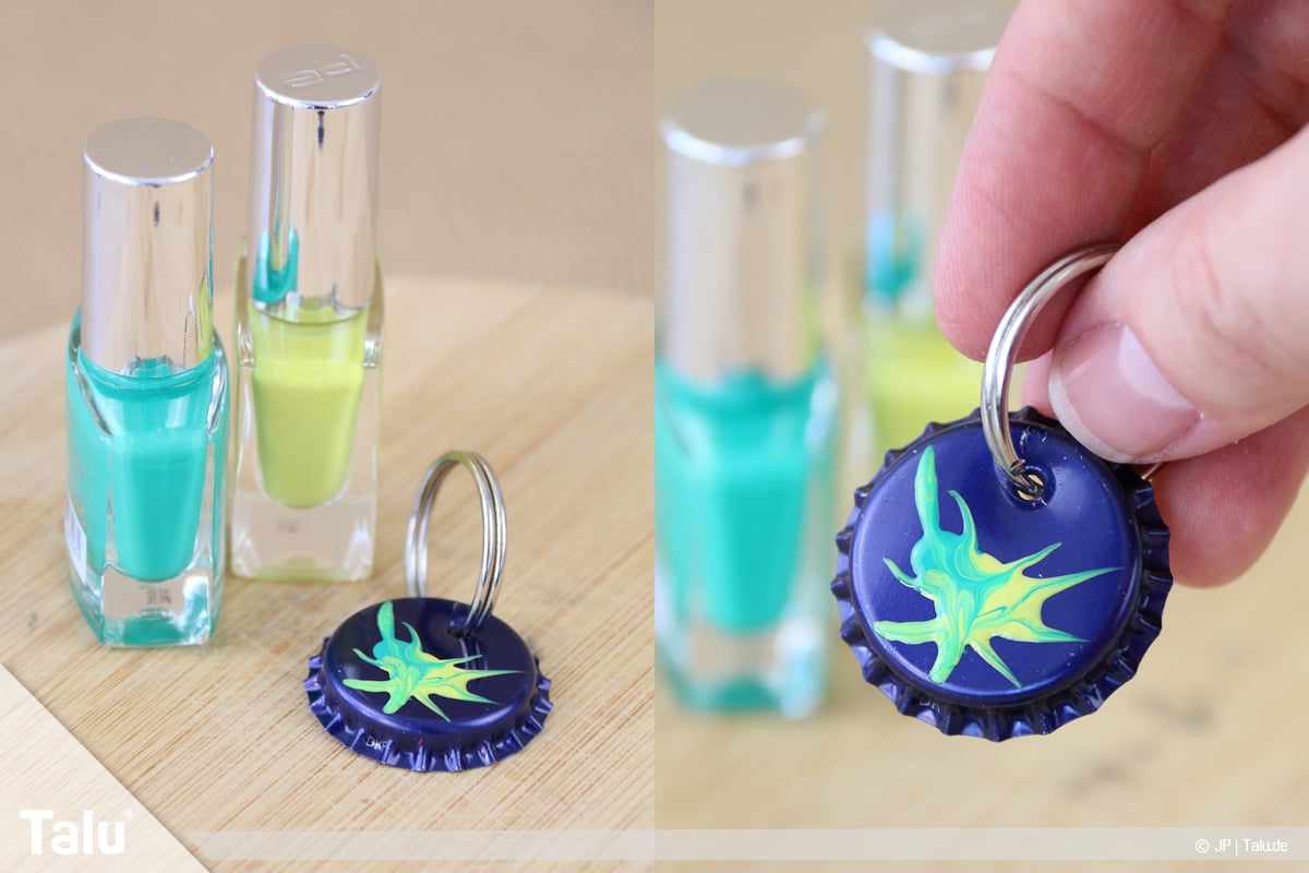 Basteln mit Kronkorken, Variante Kettenanhänger, Anhänger mit Nagellack verzieren
