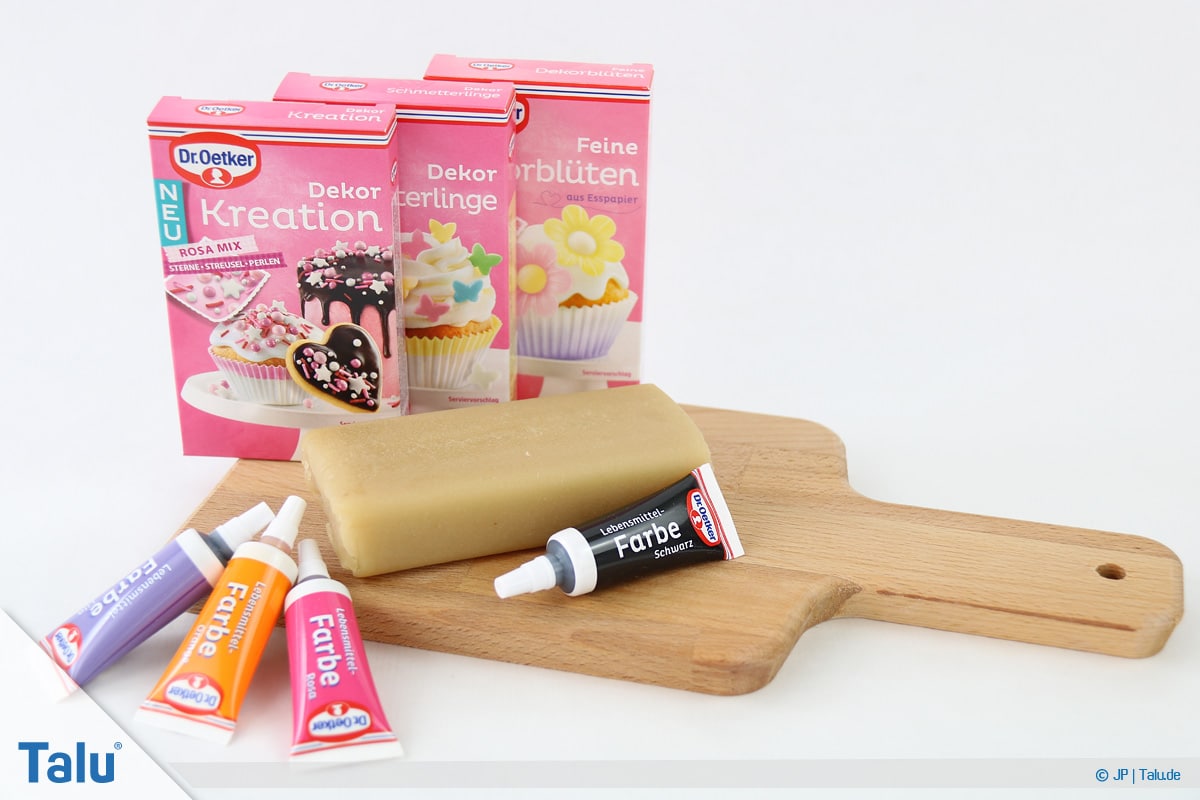 Marzipan färben, Lebensmittelfarben und Deko-Elemente
