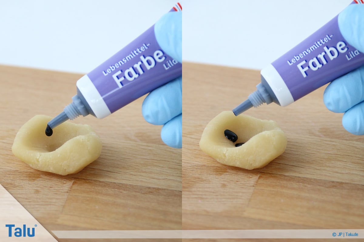 Marzipan färben, Variante mit Lebensmittelfarbe, Marzipan und Farbe zusammenbringen