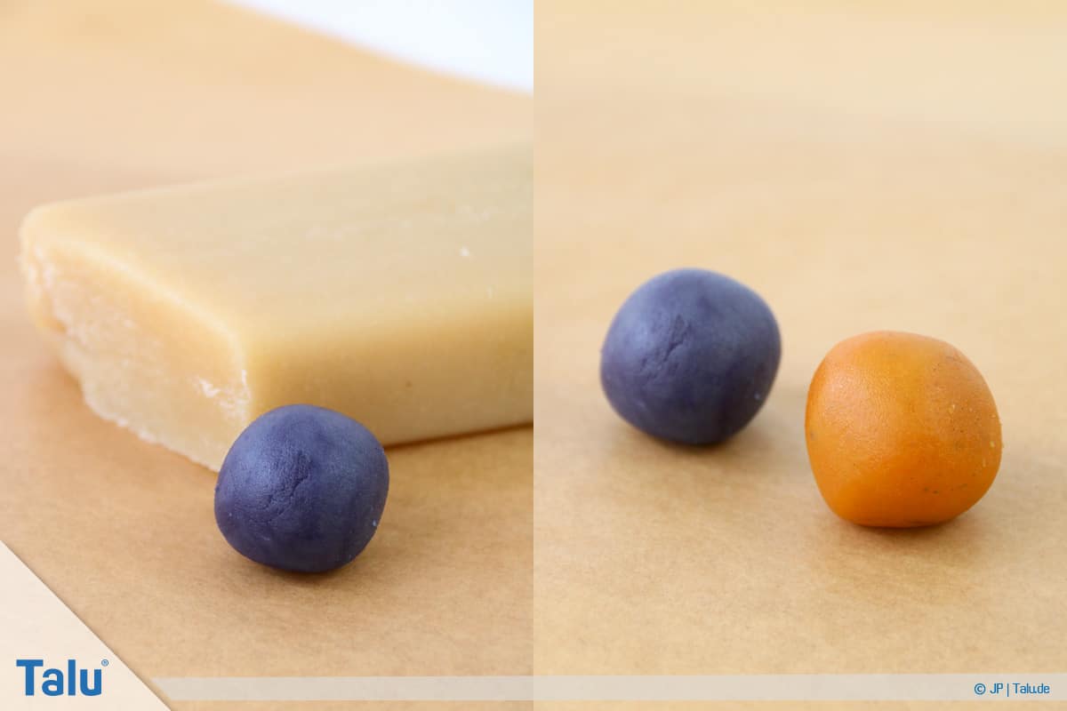 Marzipan färben, Variante mit Lebensmittelfarbe, eingefärbte Marzipanmasse
