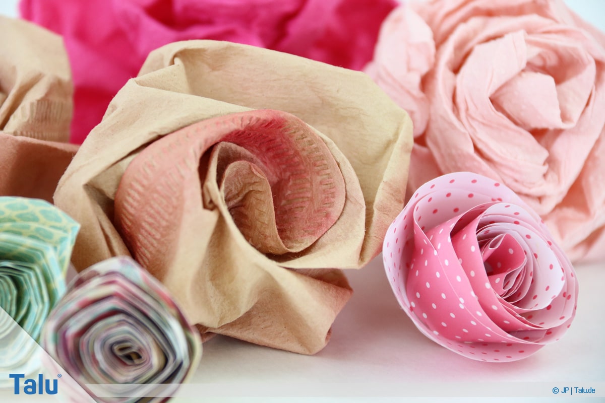 Papierrosen basteln, Anleitung, verschiedene Papierrosen