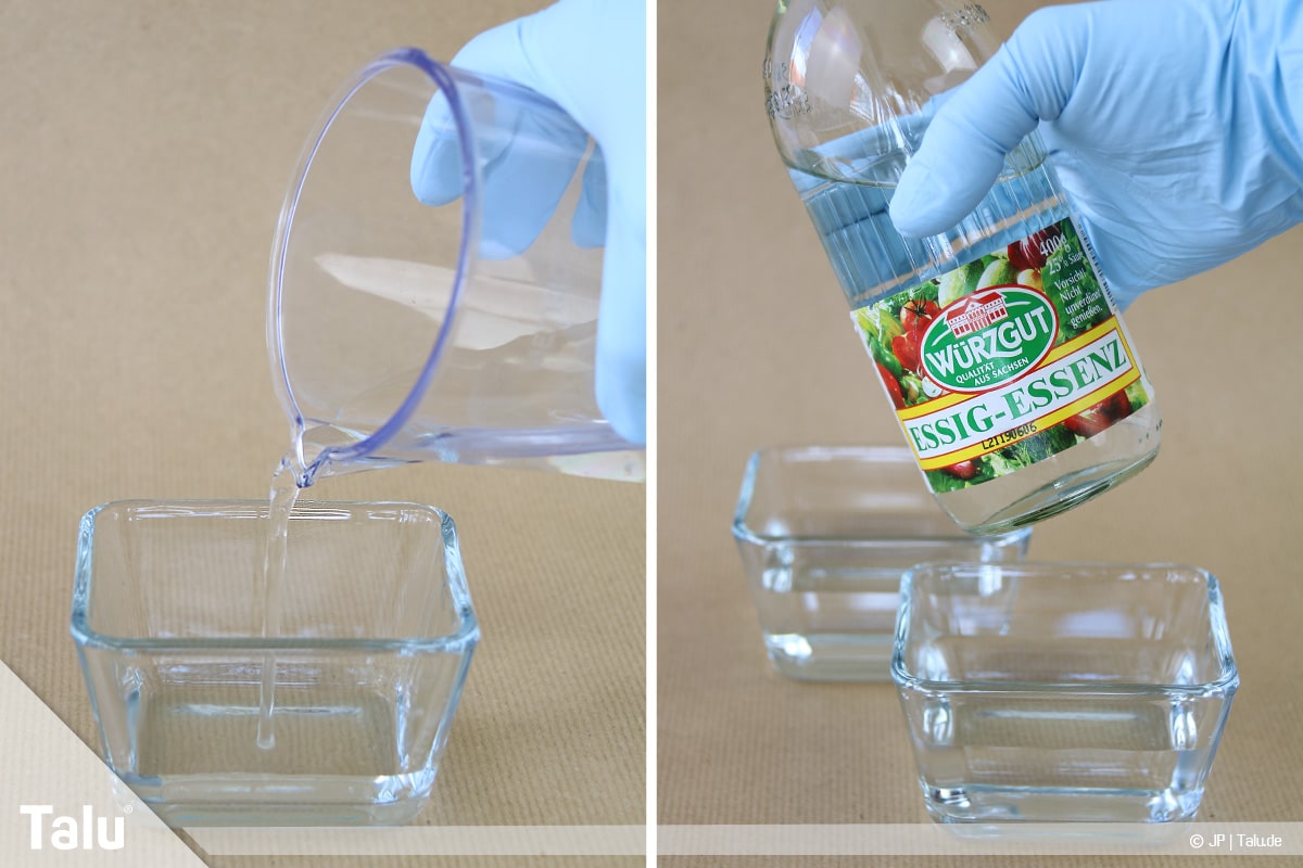 Wolle selber färben, Lebensmittelfarbe, Wasser-Essig-Lebensmittel-Gemisch anrühren