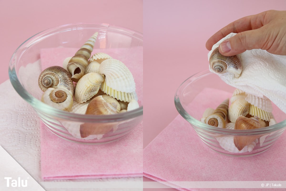 Basteln mit Steinen und Muscheln, Ideen, Gesichter basteln, Muscheln abtrocknen