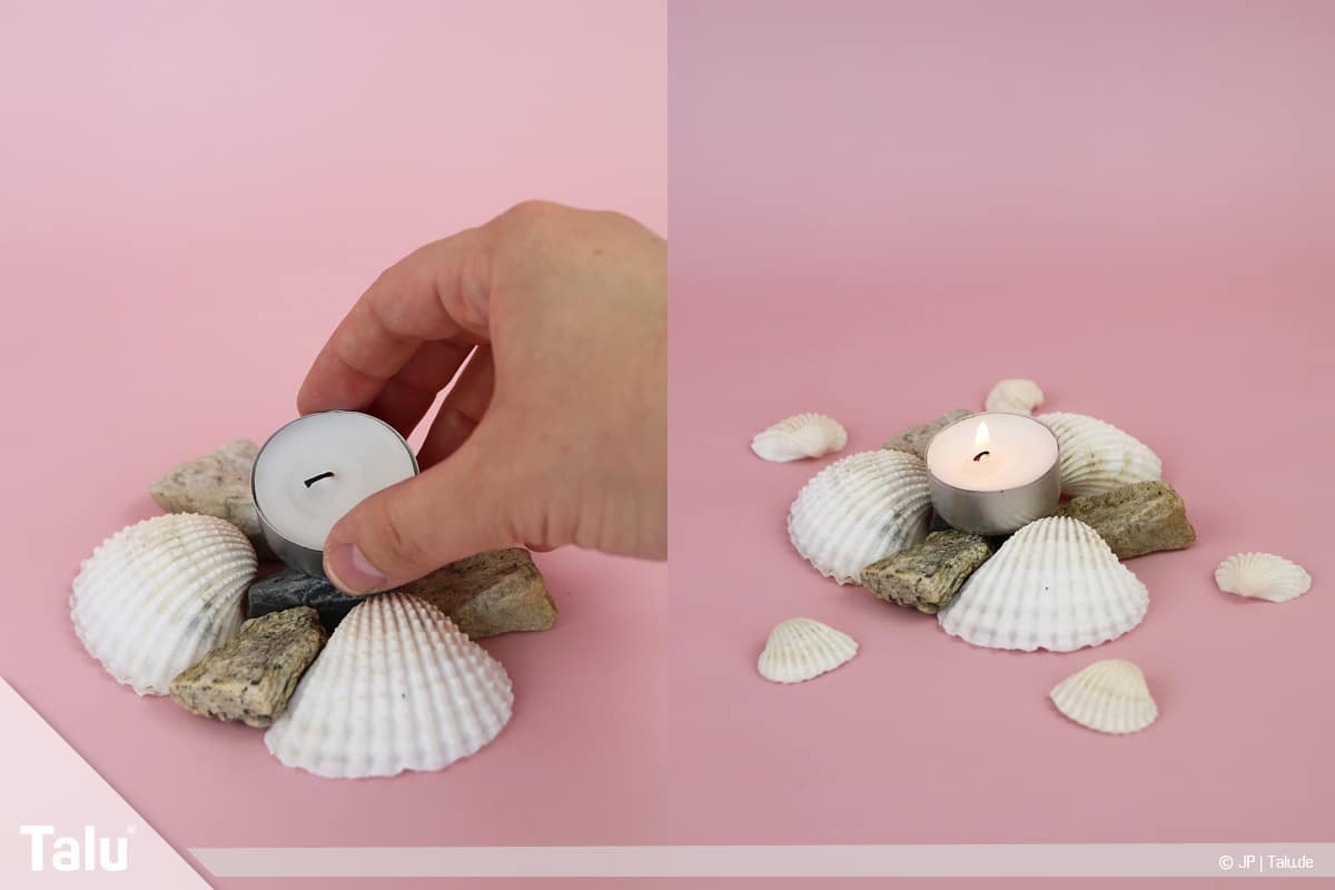 Basteln mit Steinen und Muscheln, Ideen, Kerzenständer, Kerze platzieren