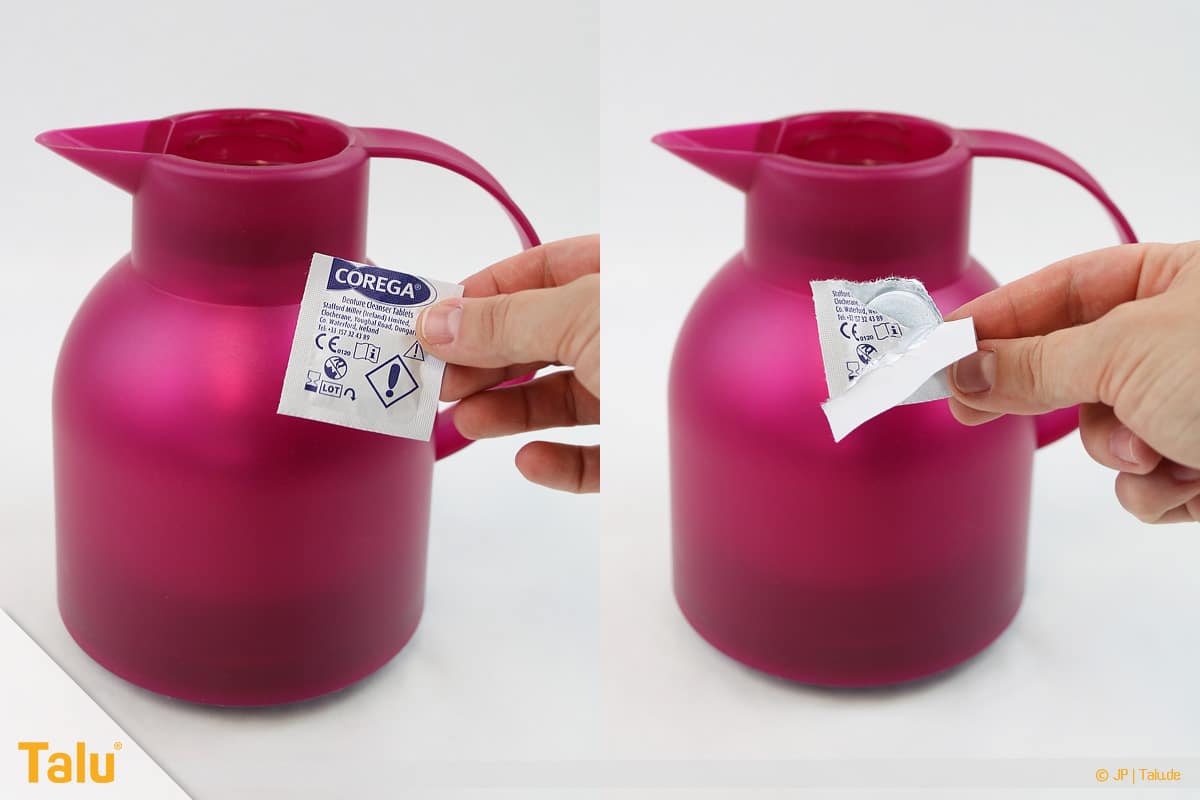 Kaffeegeruch aus Thermoskanne entfernen, Gebissreiniger-Tab in Kaffeekanne geben