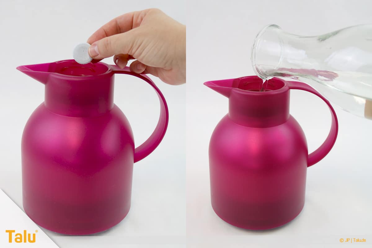 Kaffeegeruch aus Thermoskanne entfernen, Wasser zum Gebissreiniger-Tab in Kanne geben