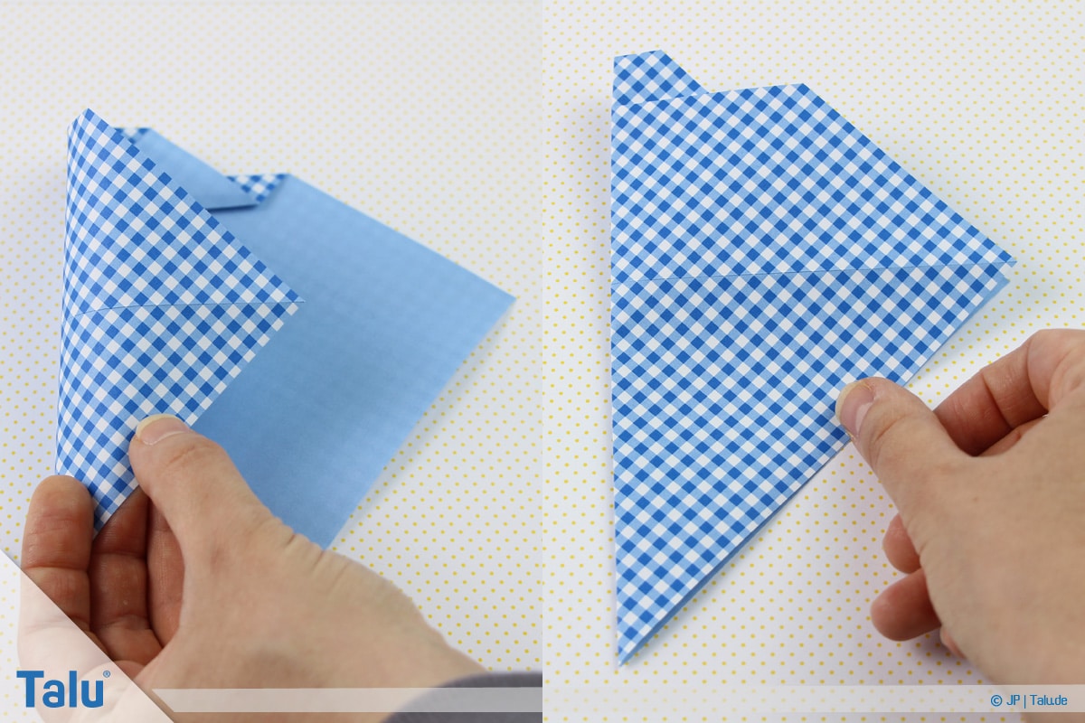 Origami Boot, Schiff basteln, erstes Schiffchen, äußere Ecke auf Gegenüberliegende falten