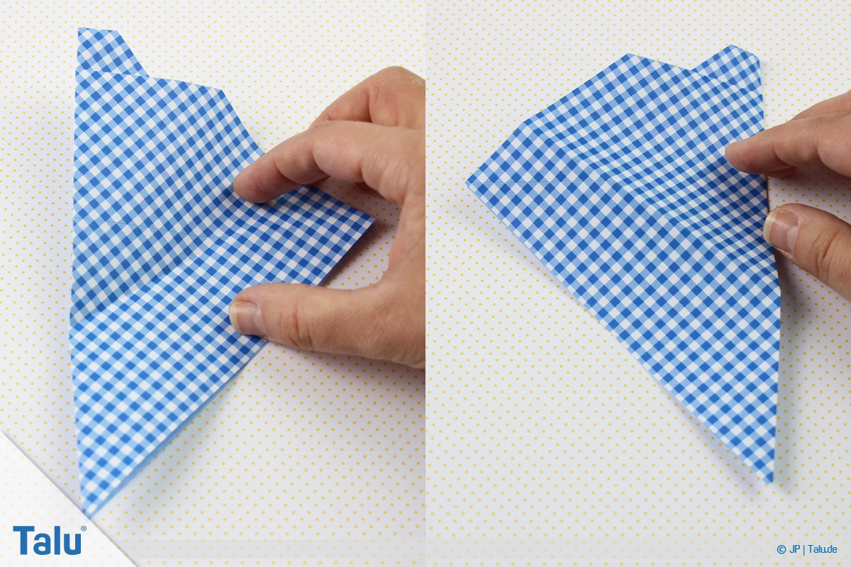 Origami Boot, Schiff basteln, erstes Schiffchen, Faltarbeit aufklappen und drehen
