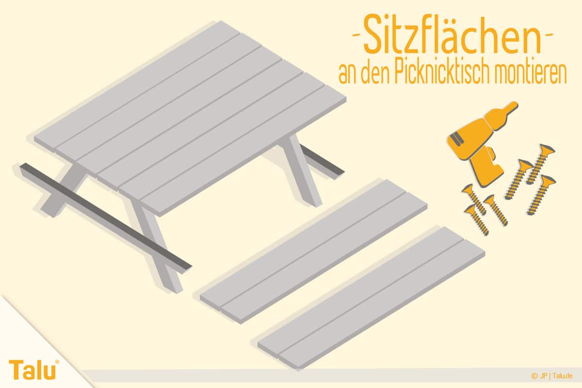 Picknicktisch selber bauen, Bauanleitung, Sitzflächen montieren