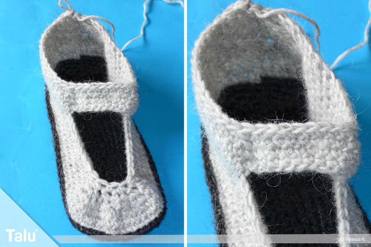 Schuhe häkeln für Erwachsene, Häkel-Hausschuhe, wieder Maschen zusammenfassen