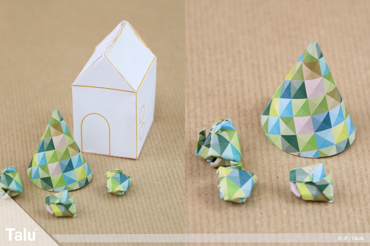 Haus aus Papier basteln, Papierhaus falten, Baum und Büsche aus Musterpapier