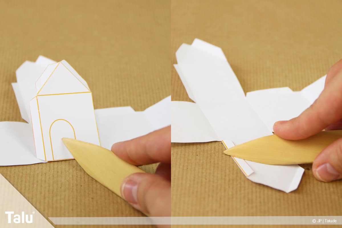 Haus aus Papier basteln, Papierhaus falten, ausgeschnittene Haus-Vorlage formen