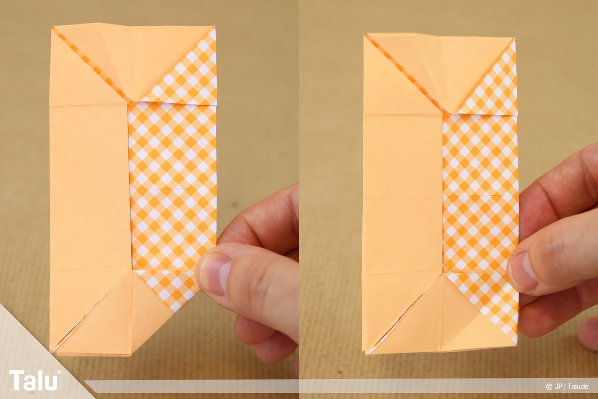Haus aus Papier basteln, Papierhaus falten, äußere Ecke nach innen falten
