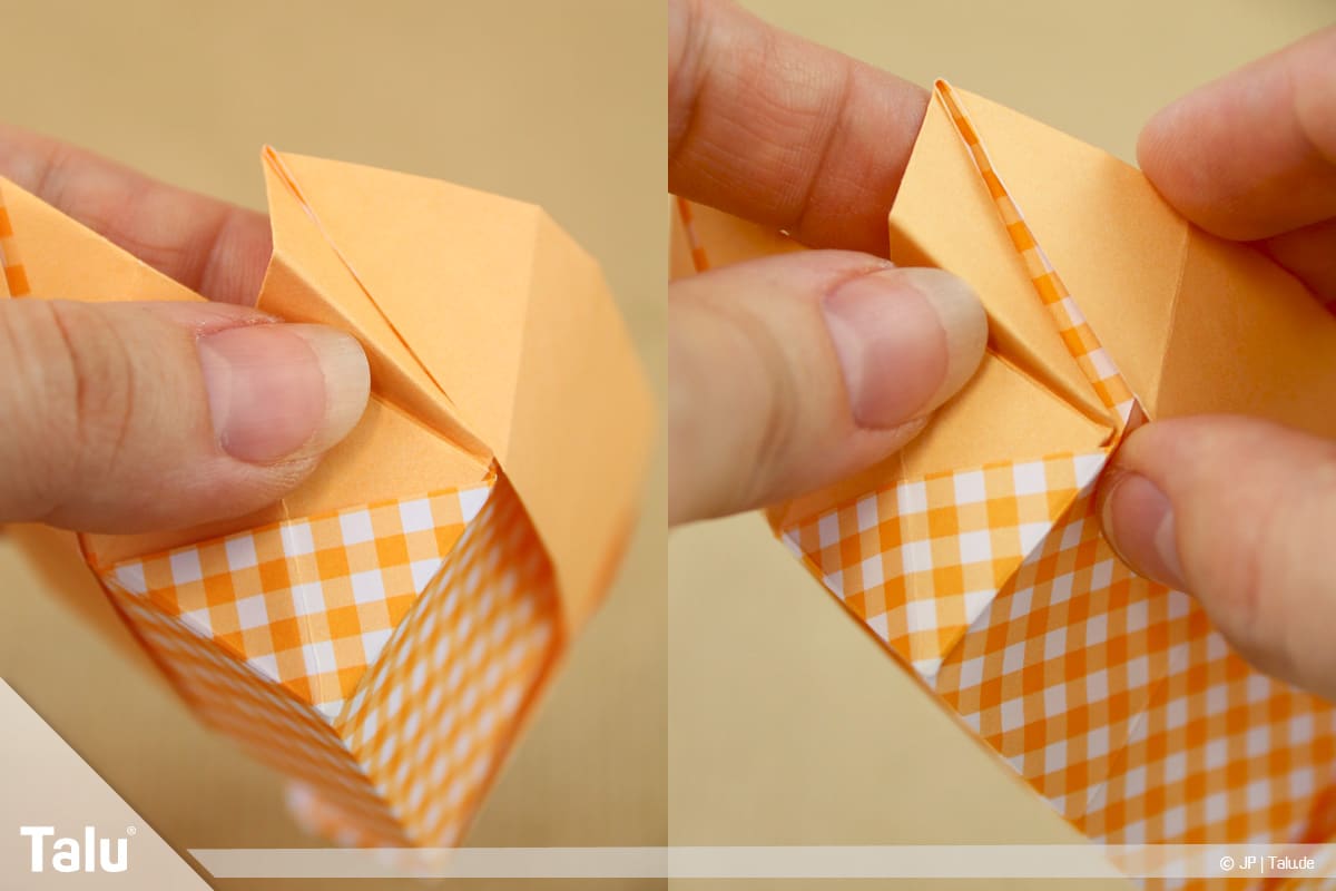 Haus aus Papier basteln, Papierhaus falten, Ecke unter Hauswand falten