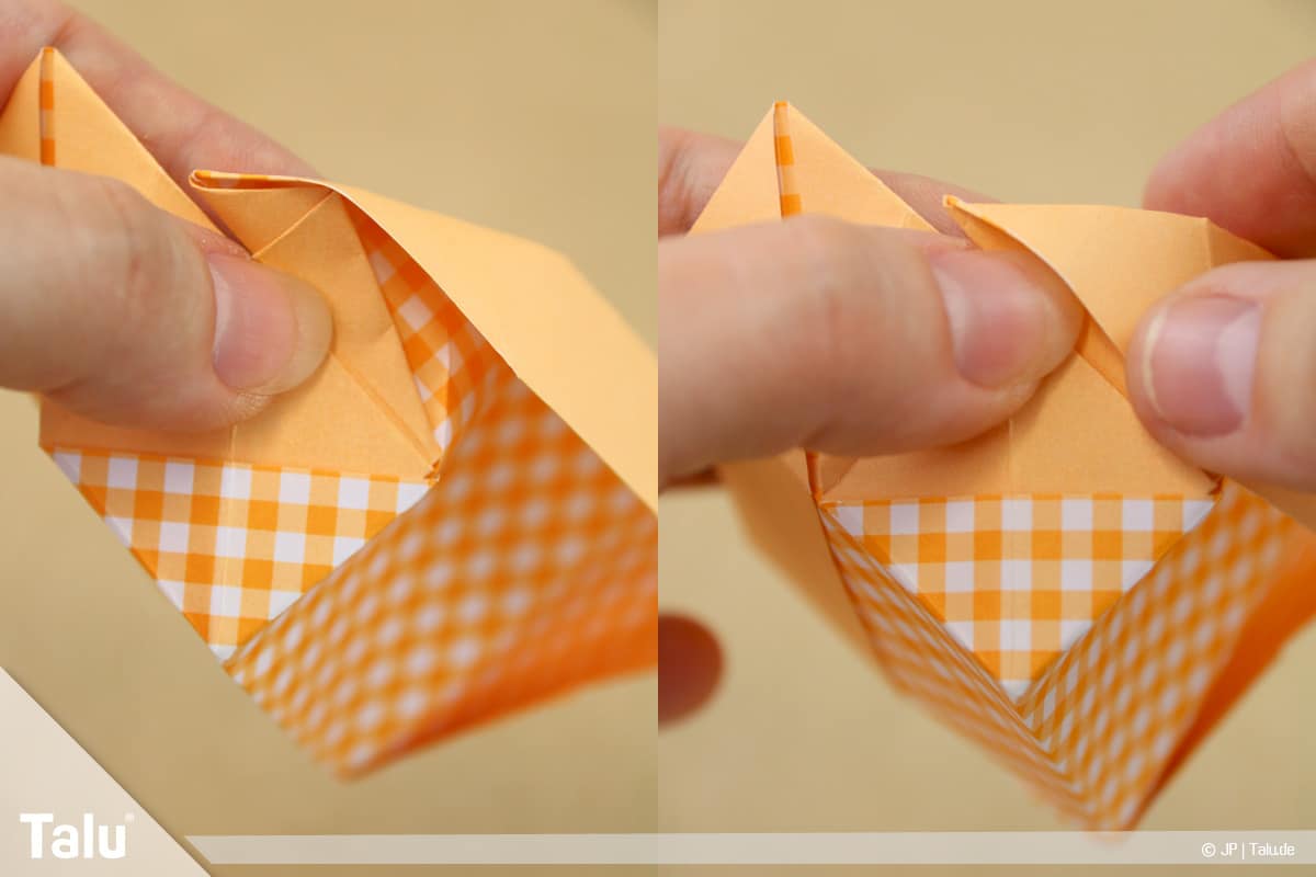 Haus aus Papier basteln, Papierhaus falten, Ecke in Hauswand feststecken
